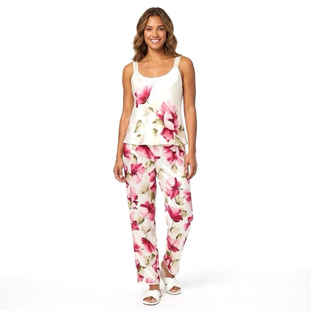 Vintage California Dynasty Lounge Sz XL Satiny Cami Top Pajama Pants Soft Floral